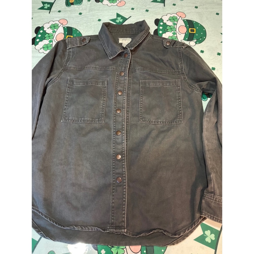 Forever 21 Womens Utility Denim Shirt‎ Jacket Faded Black Snap Front Size Large
